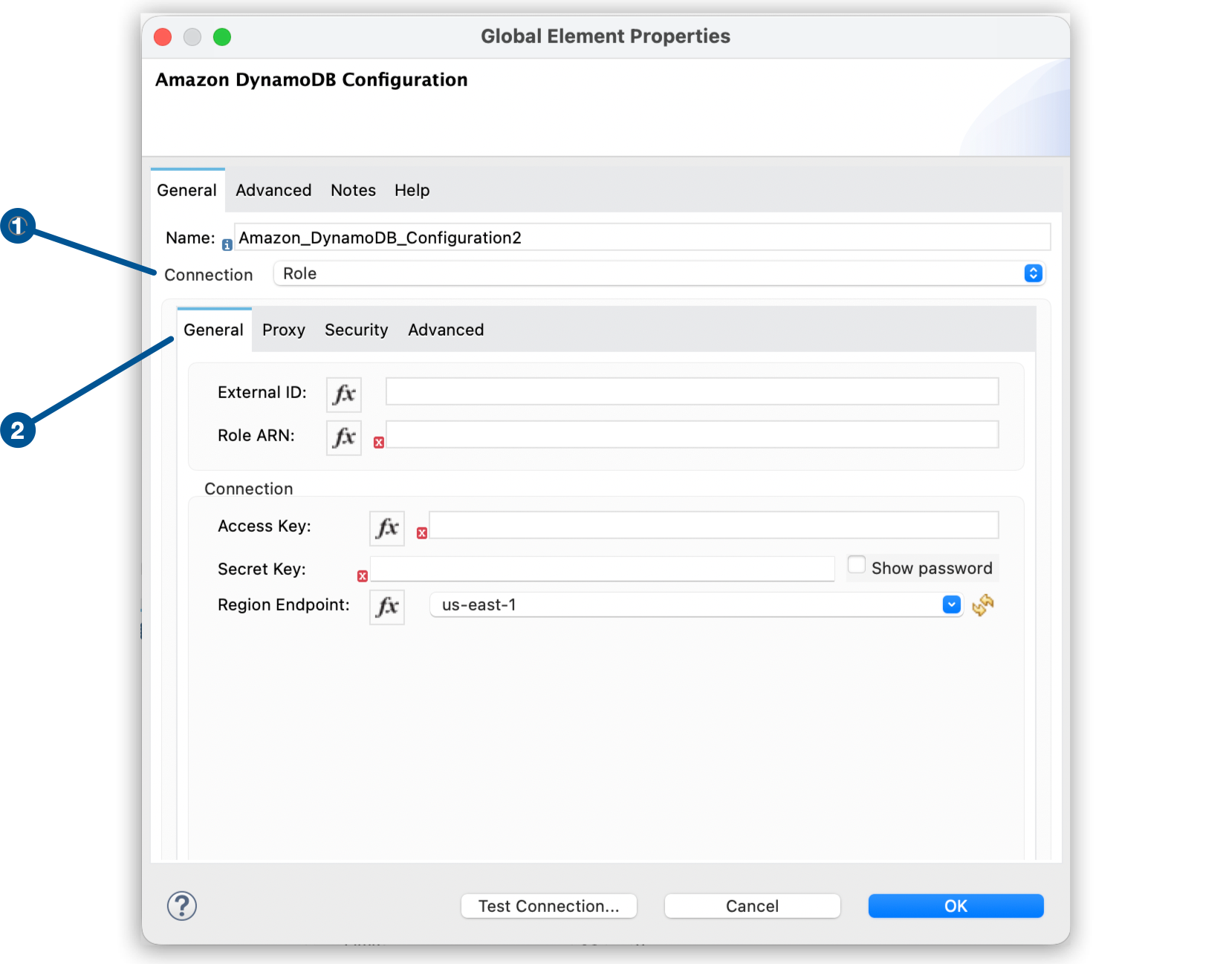 Role option selected in the Connection field