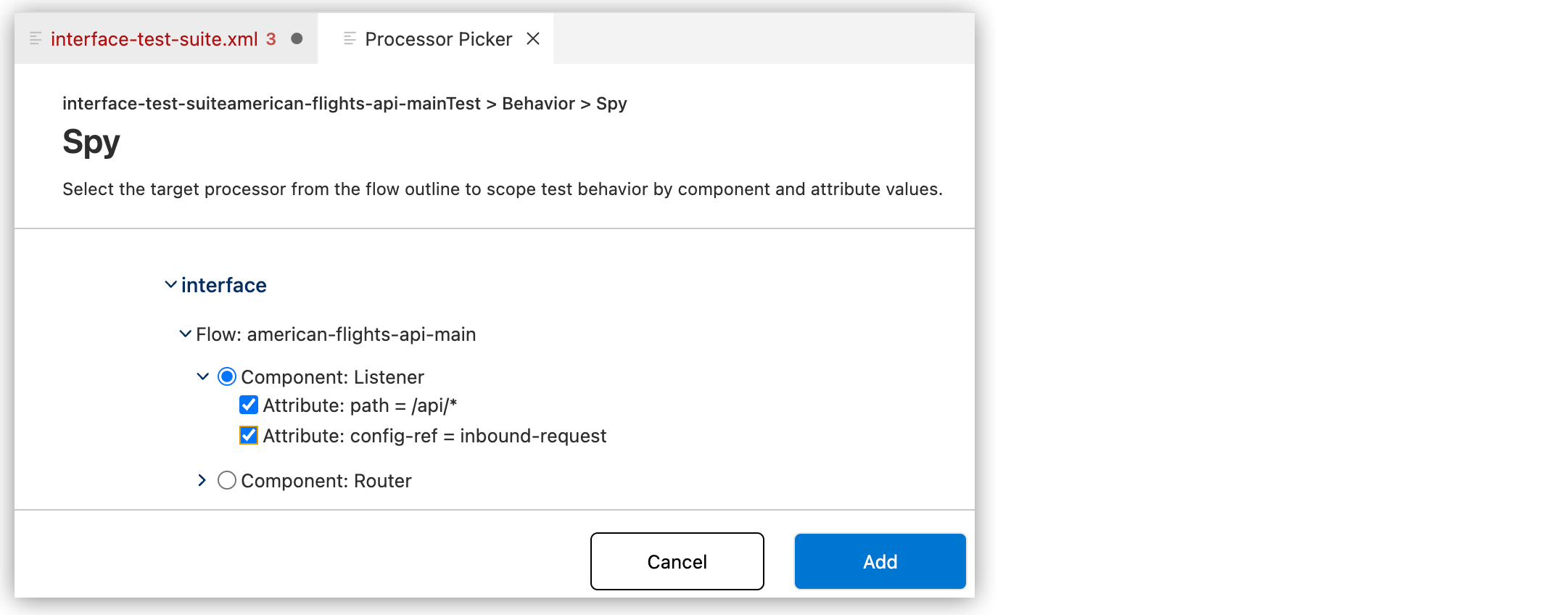 Component and attribute highlighted in the processor window