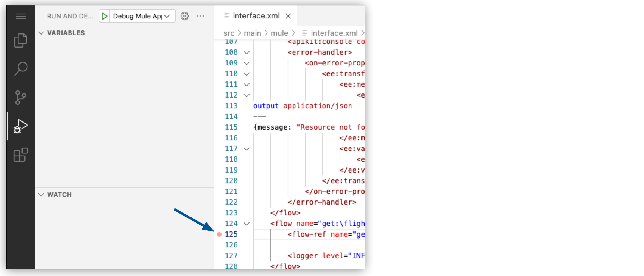 An interface XML file open in the code editor, with a breakpoint enabled