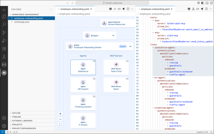 Anypoint Code Builder canvas showing two different brokers with their respective agents and MCP servers
