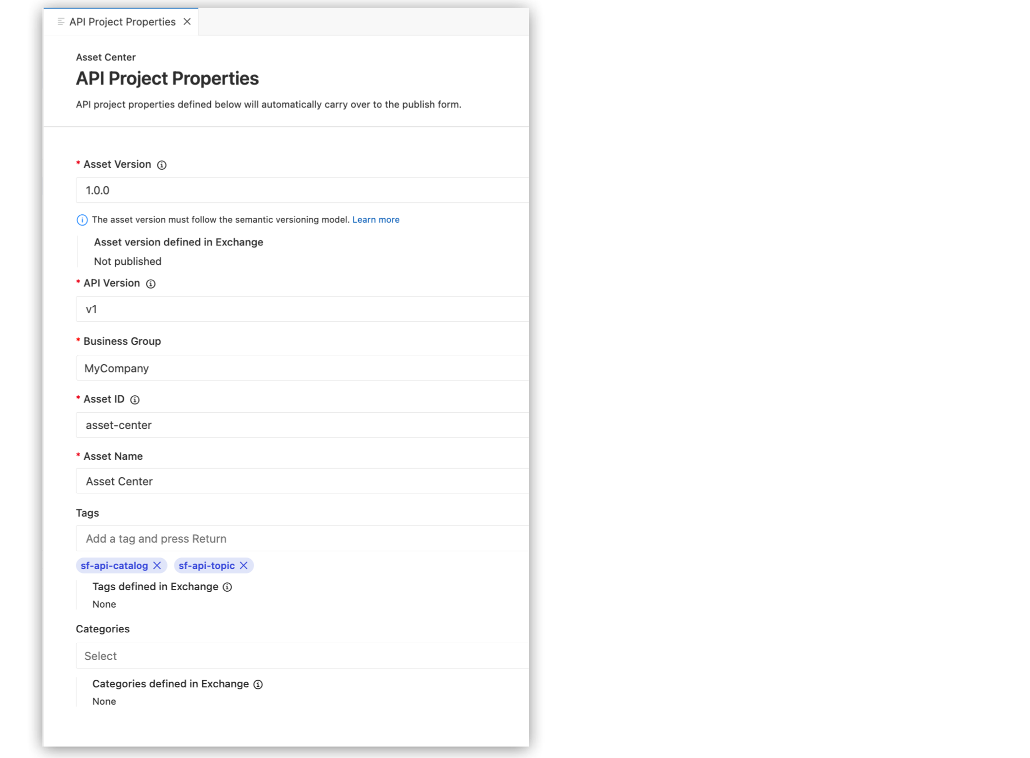 API Project Properties tab with sf-api-catalog and sf-api-topic tags applied