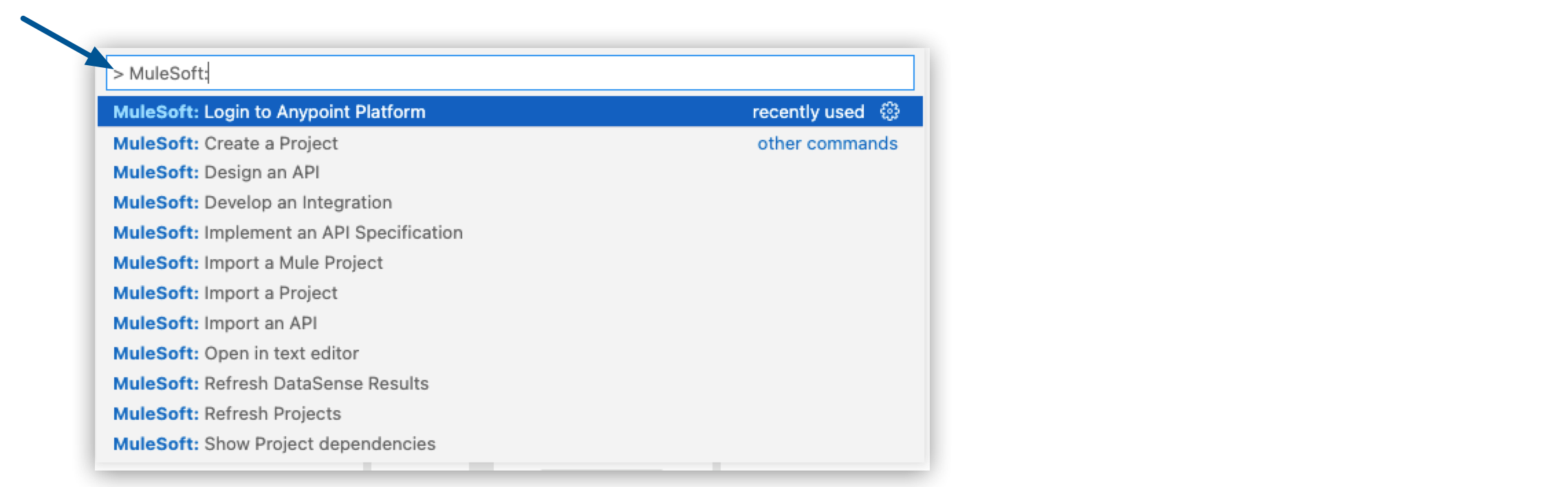 A text box for entering commands, with a list of recently used and other commands