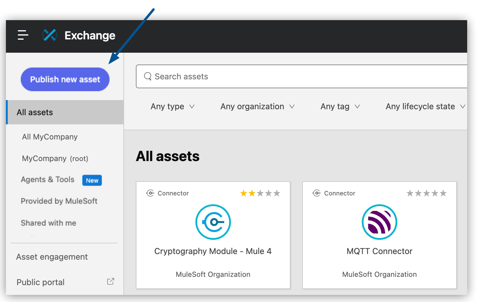 Publish new asset button in Exchange