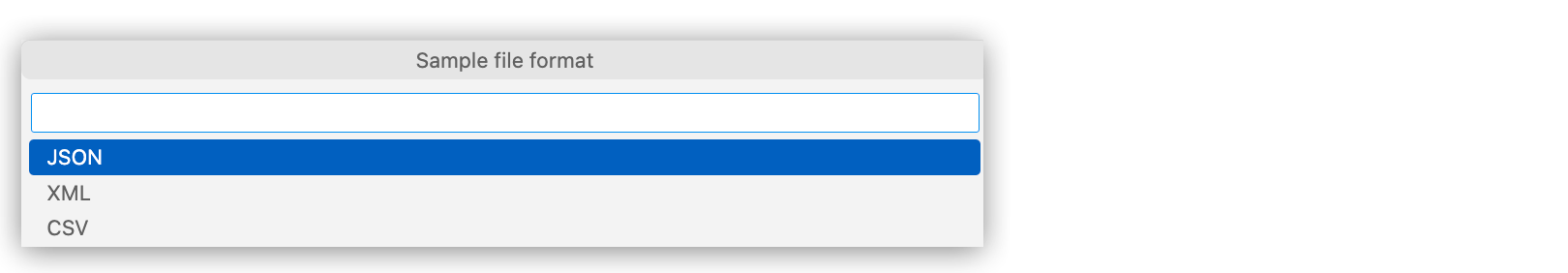 Sample data format selection menu showing options including JSON, XML, CSV, Java, Text, YAML, Avro, Excel, and other supported formats