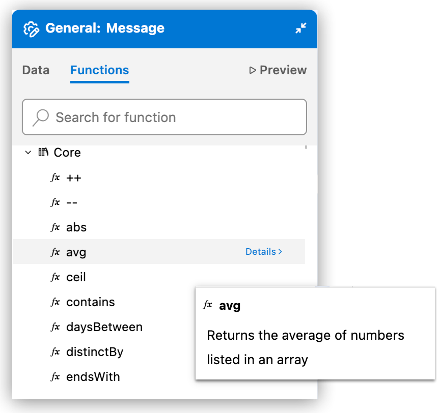 Expression Builder Functions tab displaying categorized DataWeave functions including Array, Core, Object, and String modules with search functionality