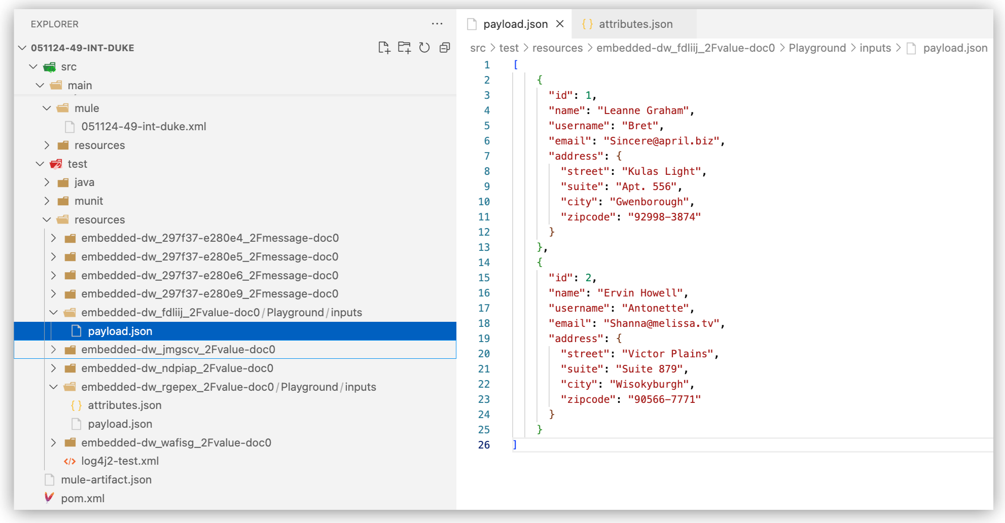 Project Explorer showing sample data files like payload.json stored in src/test/resources directory structure