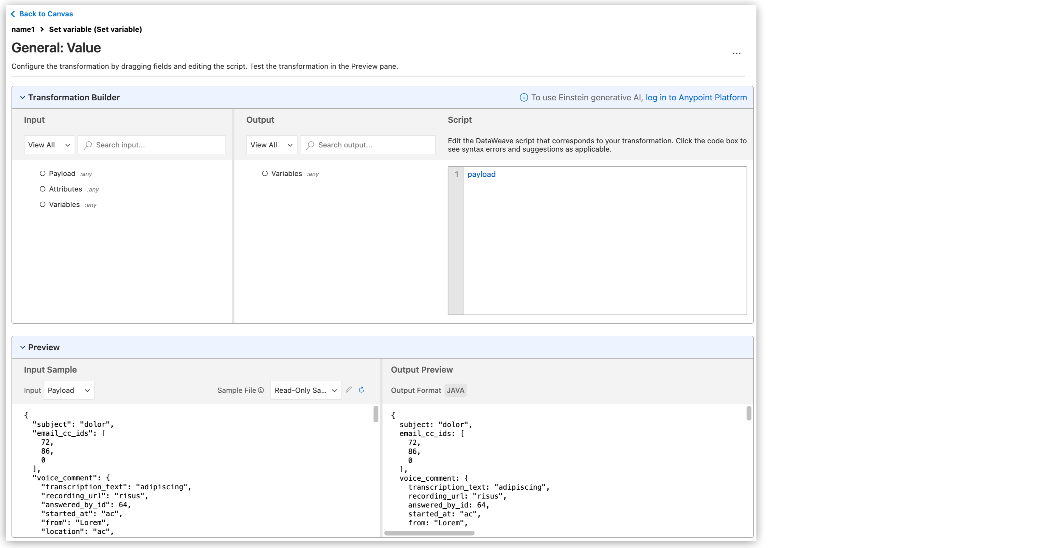 The *Transformation Builder* window and its sections highlighted
