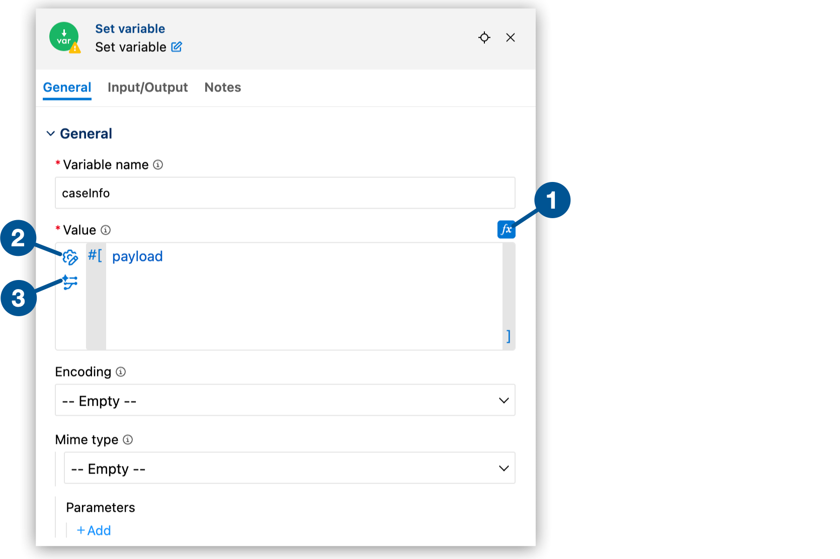 A configuration panel showing three numbered callouts: 1) fx button for Expression Field, 2) Expression Builder button, and 3) Transformation Builder button