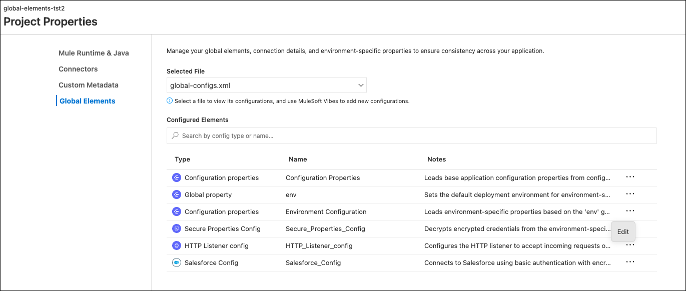 Global Elements with a list of configurations including Secure Properties Config.