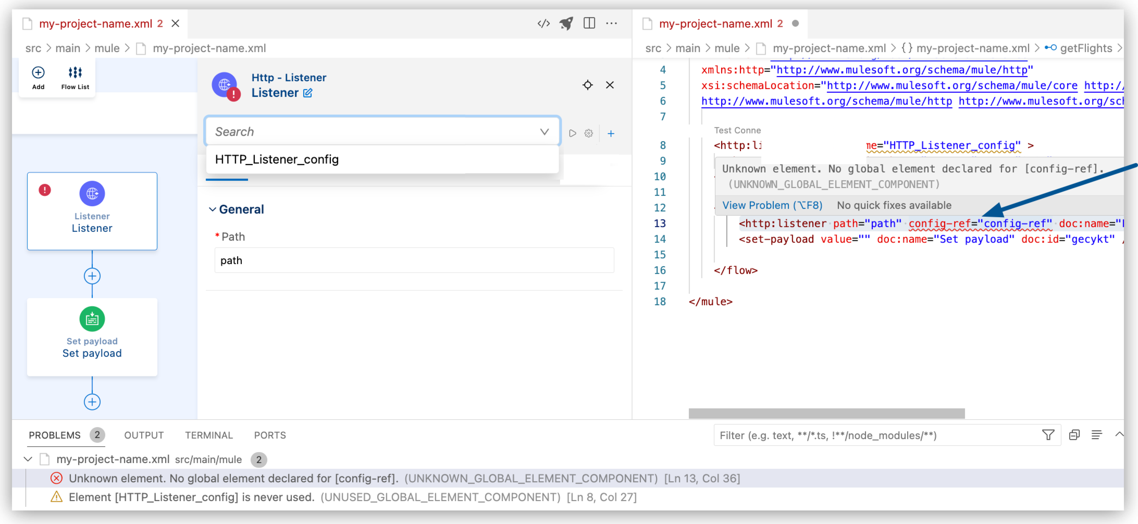 Selecting configuration reference from configuration panel