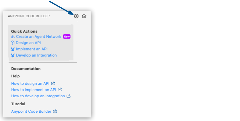 The Settings gear icon highlighted in the Anypoint Code Builder menu panel