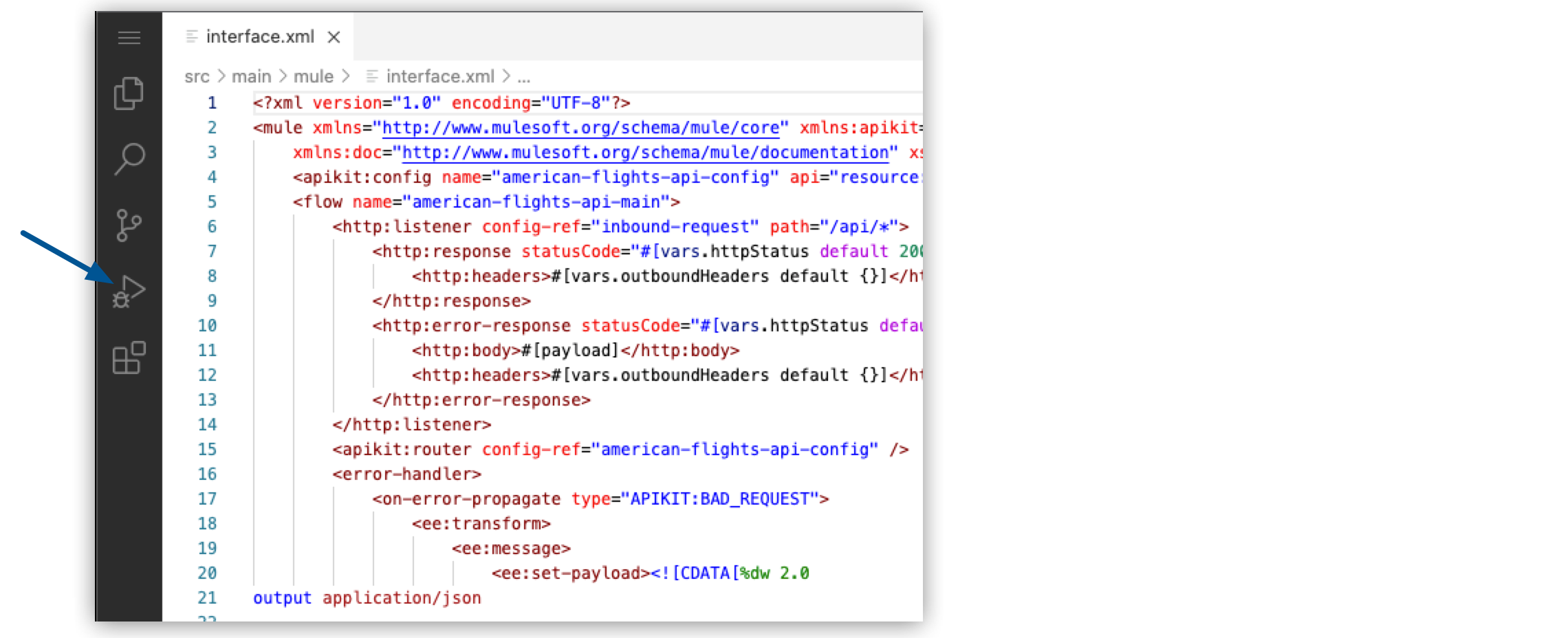 An interface XML file open in the code editor, with the Run and Debug icon highlighted