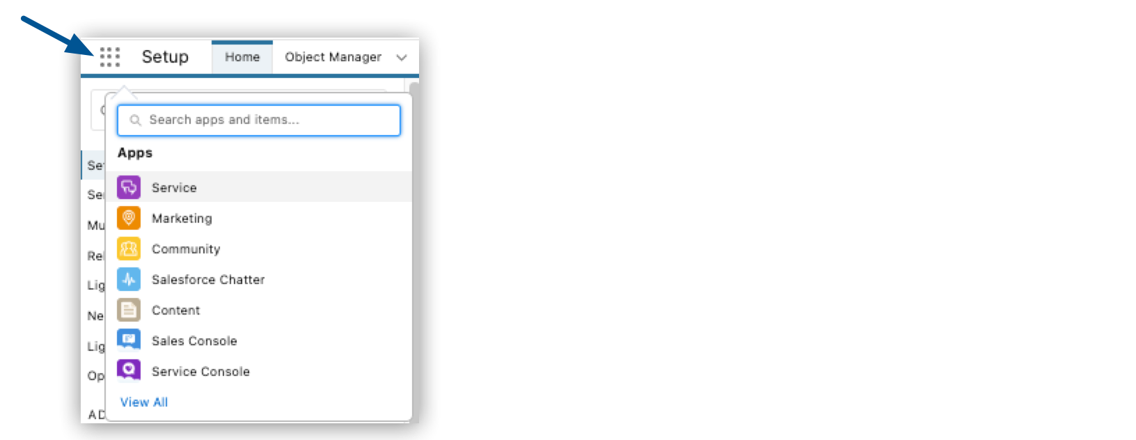 The *Setup* menu with the *App Launcher* button icon highlighted