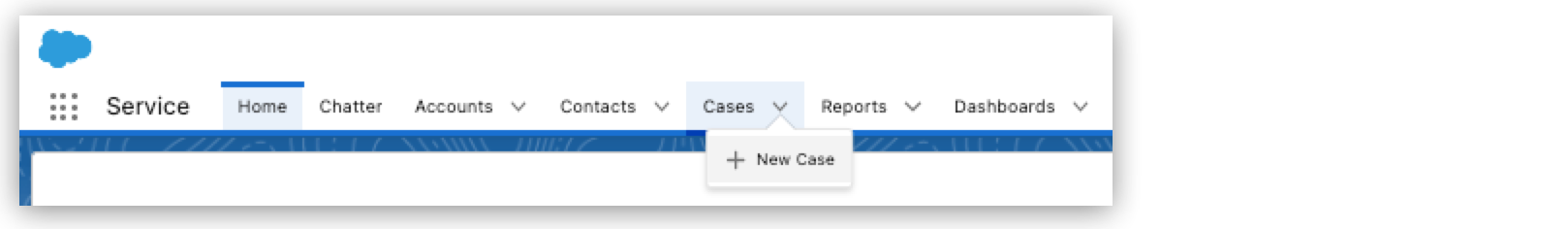 The *Service* navigation bar with the *New Case* button highlighted in the *Cases* section