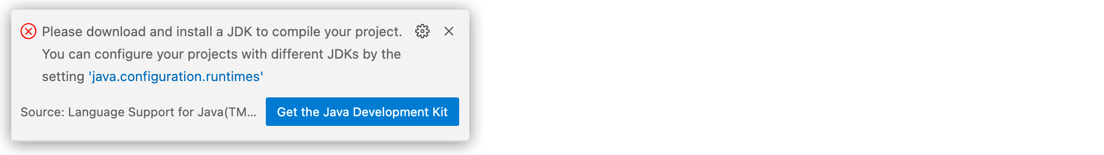 Notification showing a request to download and install a JDK to compile a project