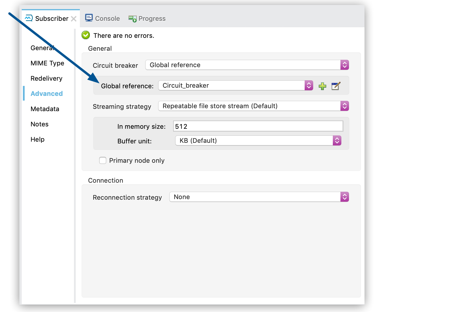 Subscriber configuration window showing Global reference set to Circuit_breaker
