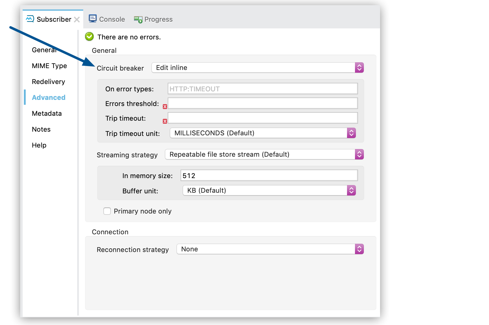 Subscriber configuration window showing Circuit breaker set to Edit Inline
