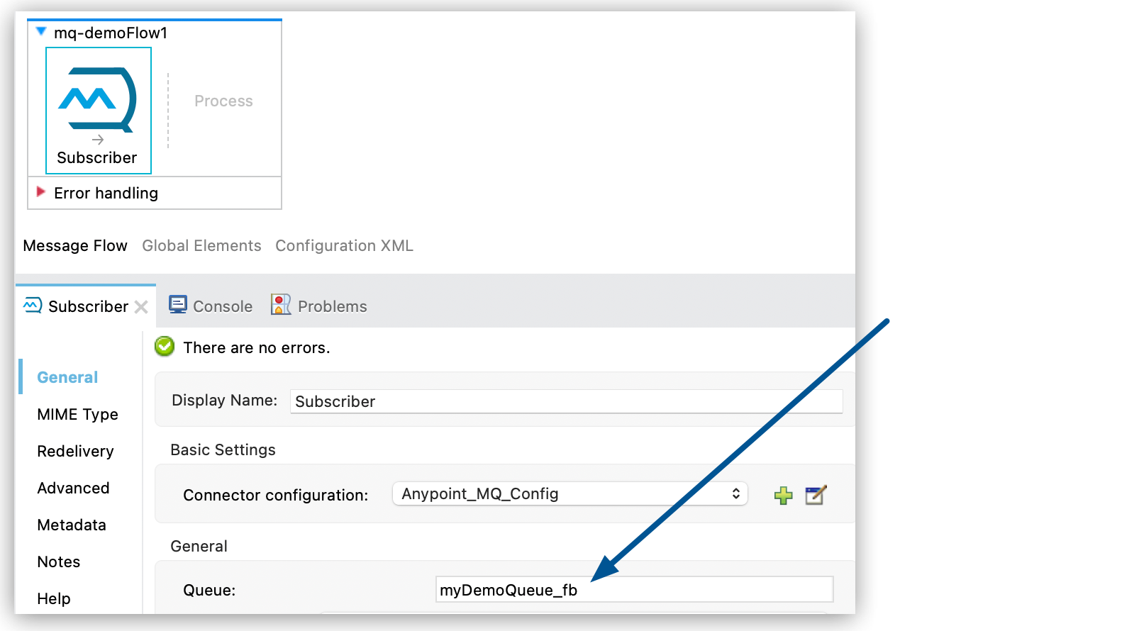 Subscriber configuration with the queue name, myDemoQueue_fb