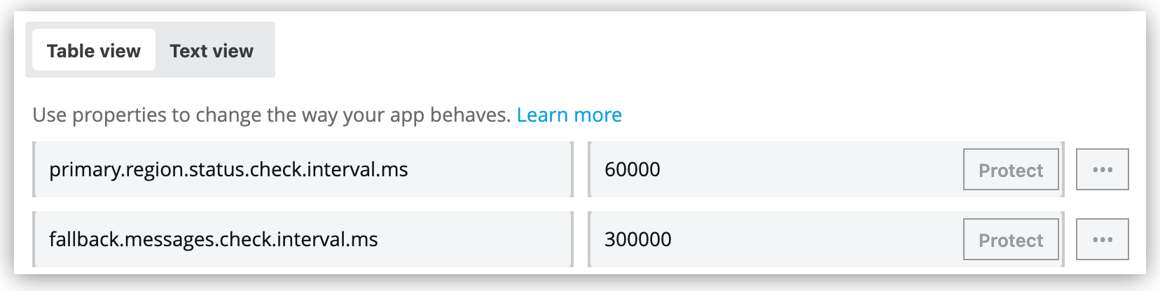 Properties table with intervals for primary and fallback status check intervals