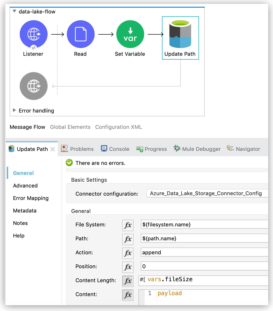 General configuration properties with example values for the Update Path operation with append