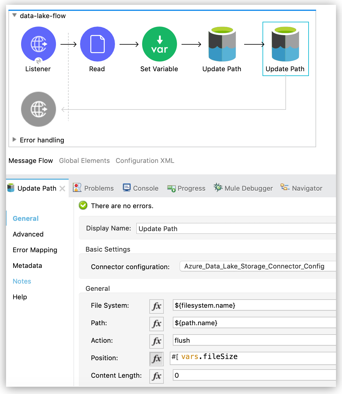 General configuration properties with example values for the Update Path operation with flush