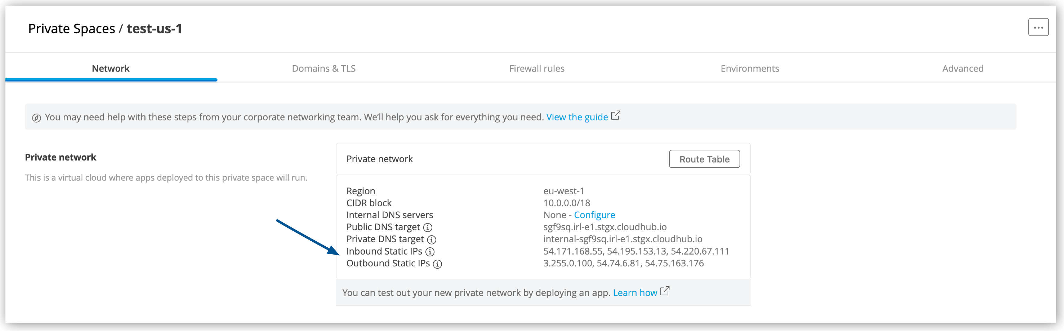 Inbound and outbound IPs listed in the UI