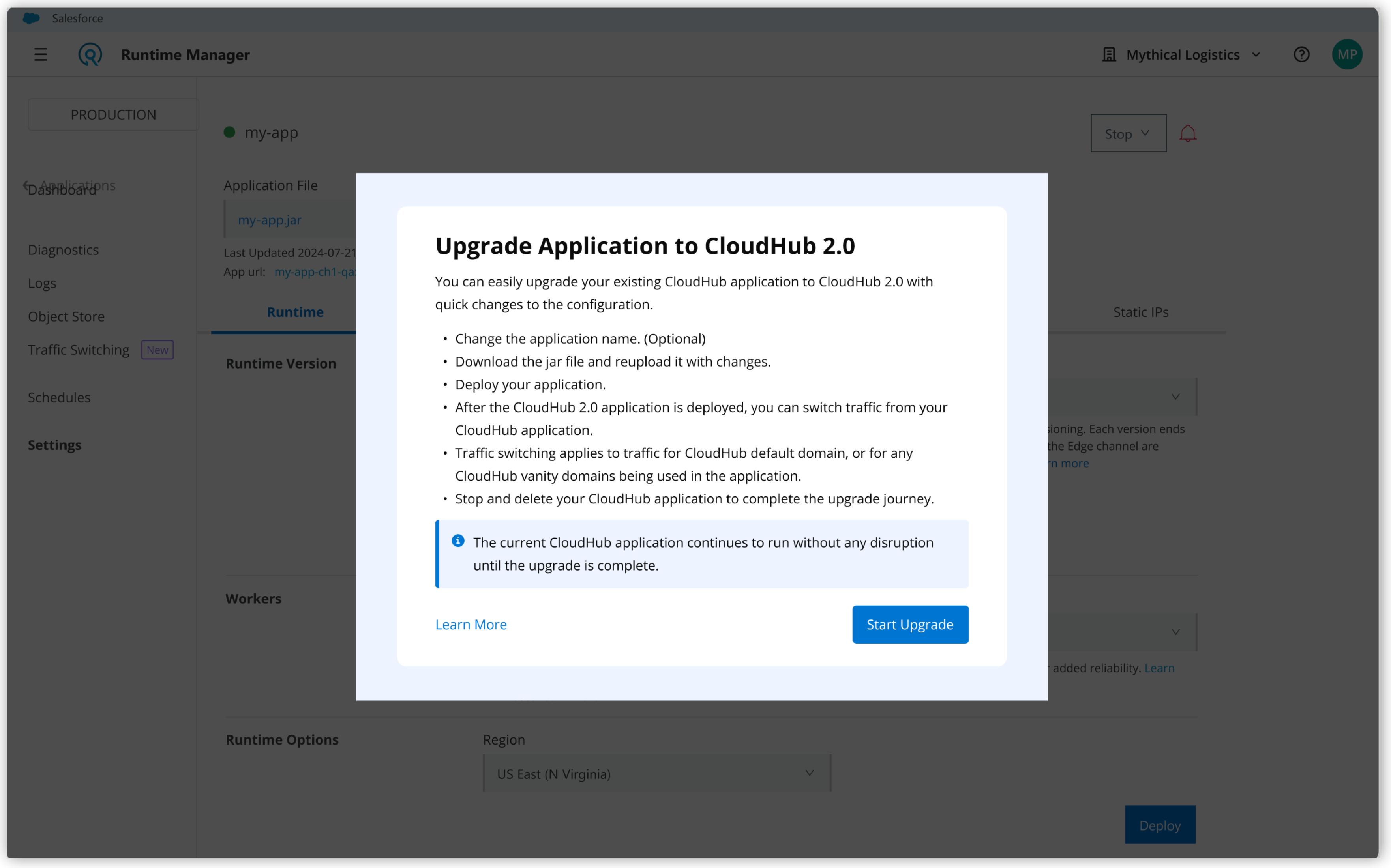 CloudHub to CloudHub 2.0 upgrade window summarizing the application migration process and containing the Start Upgrade button.