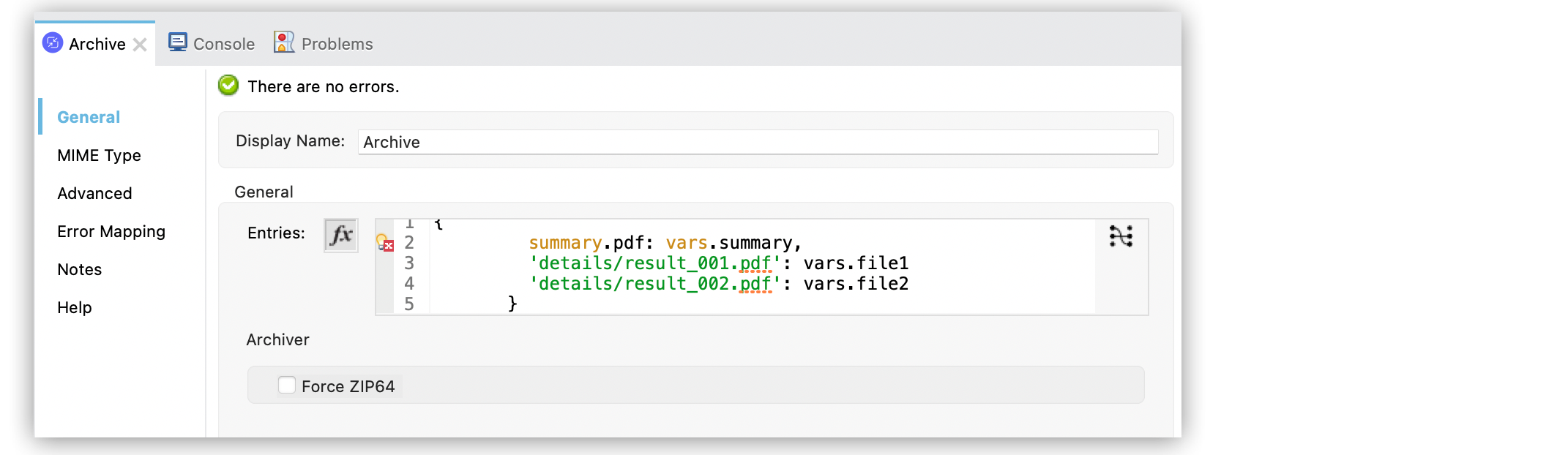Compression Archive operation configuration