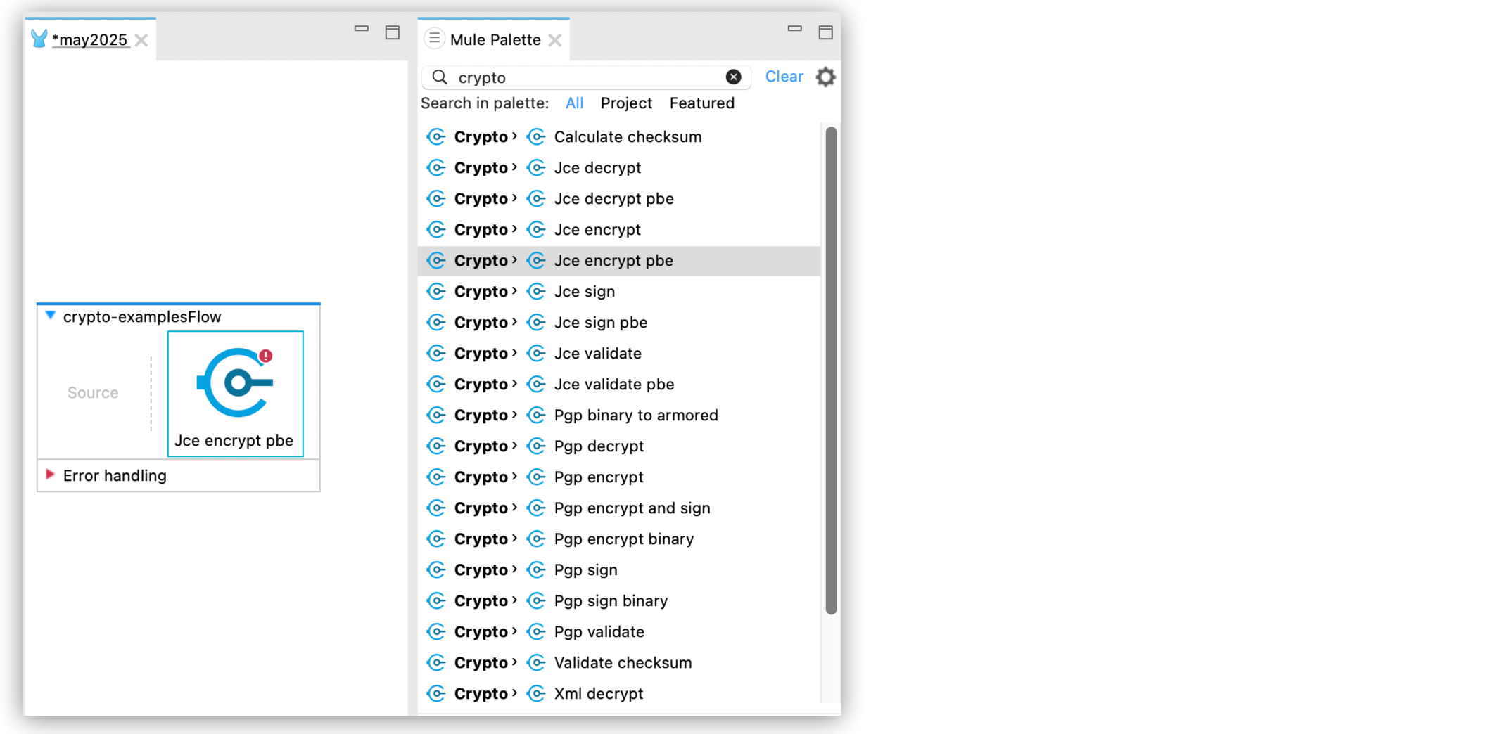 A palette menu for adding password-based encryption modules in a cryptographic flow