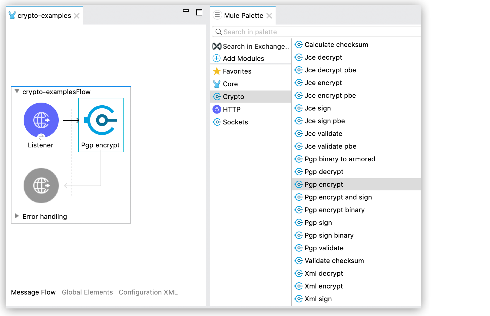 A palette menu for adding PGP encryption and decryption modules