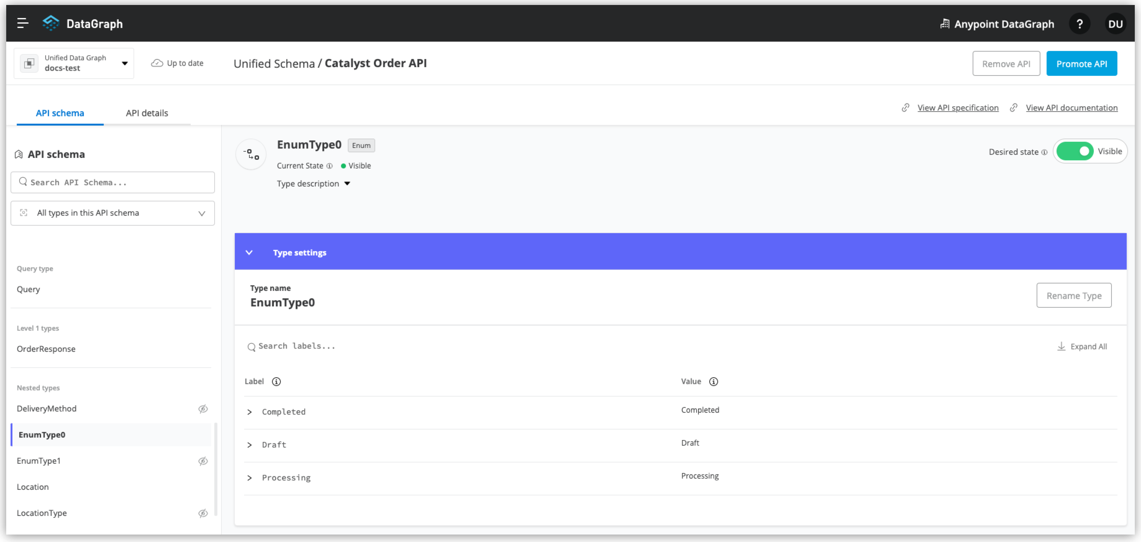 Enum type 0 selected in the Catalyst Order API