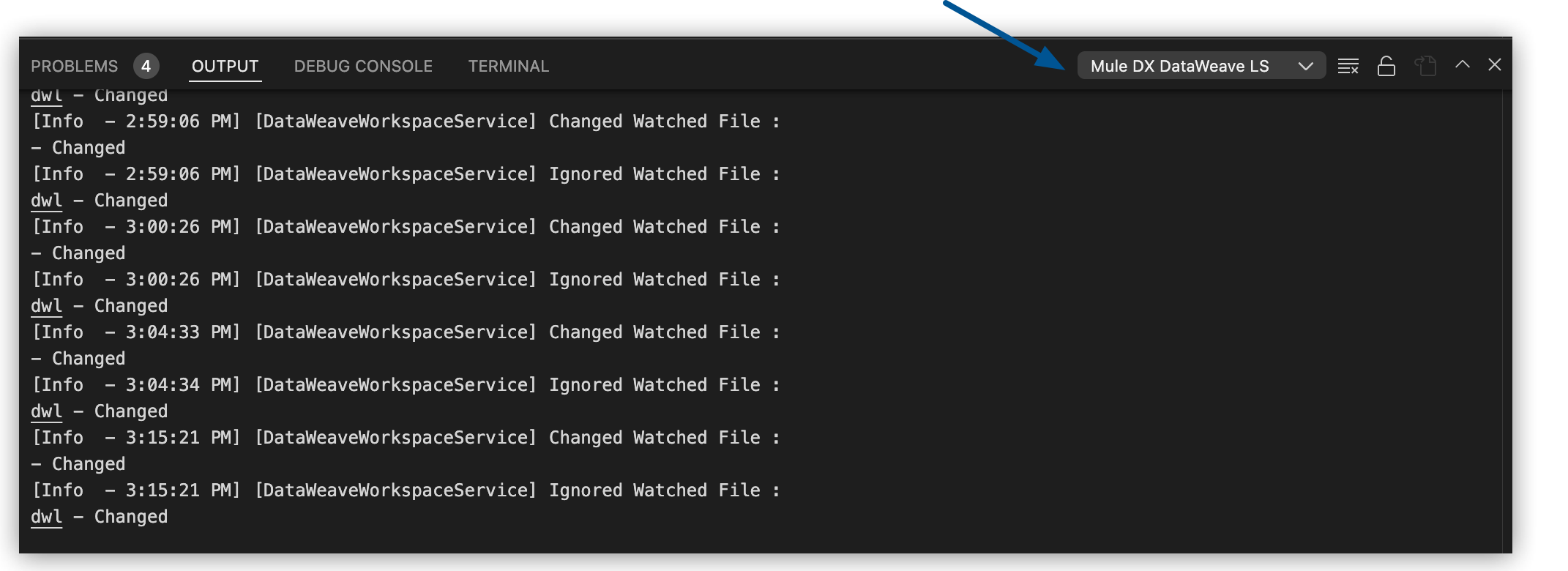Mule DX DataWeave LS option to select in the drop-down menu of the Output