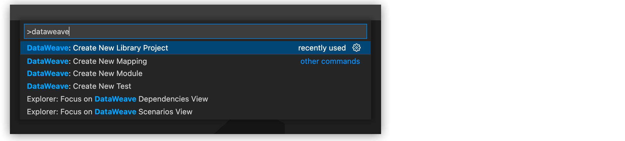 Command Palette with DataWeave: Create New Library Project option selected