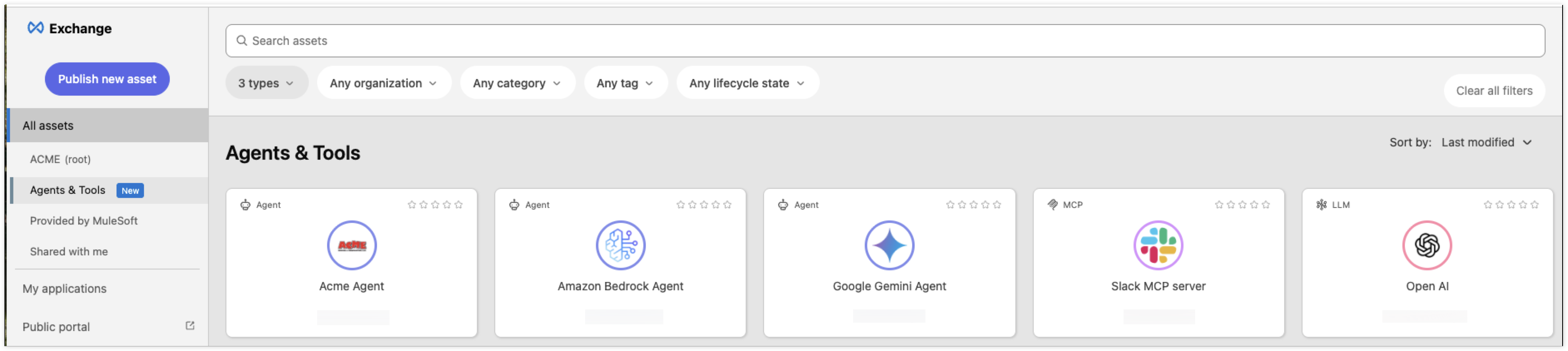Exchange catalog showing assets in Agents & Tools