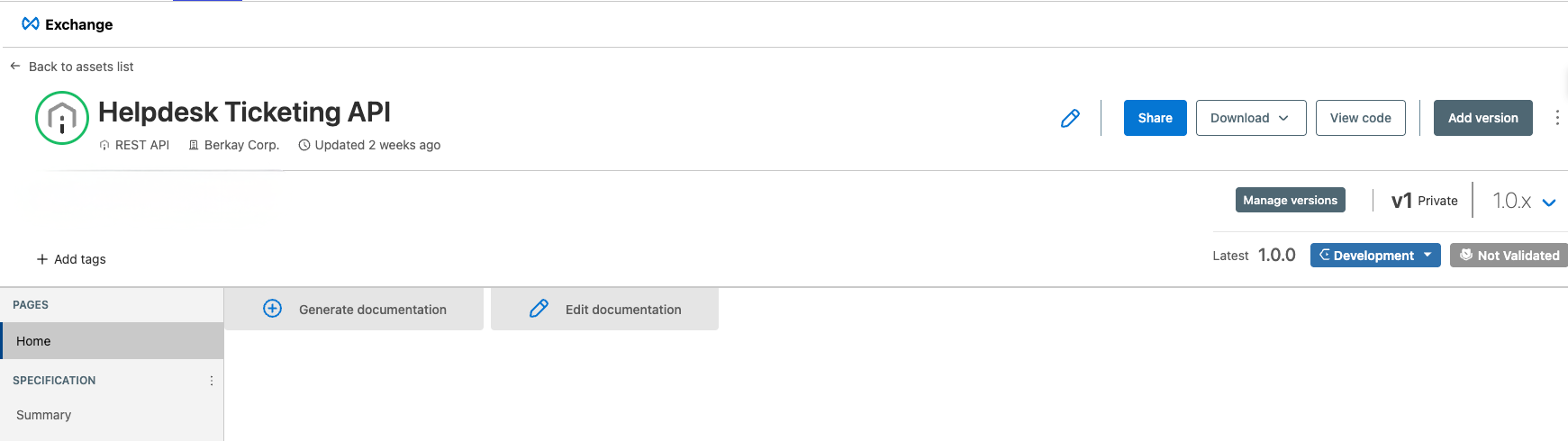 Asset details page showing the Edit documentation and the Generate documentation buttons