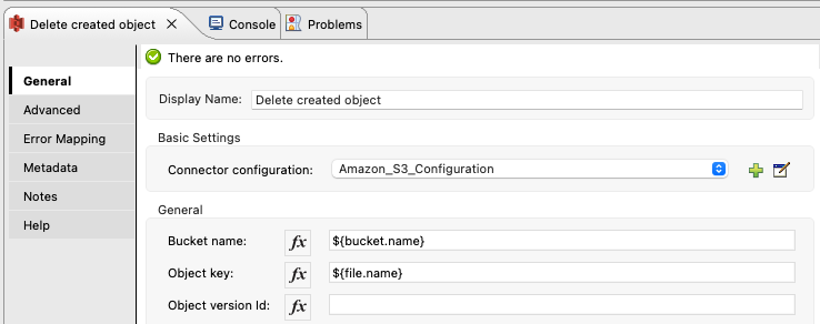 S3 Connector の [Delete S3 Bucket (S3 バケットを削除)] の [General (一般)] タブ