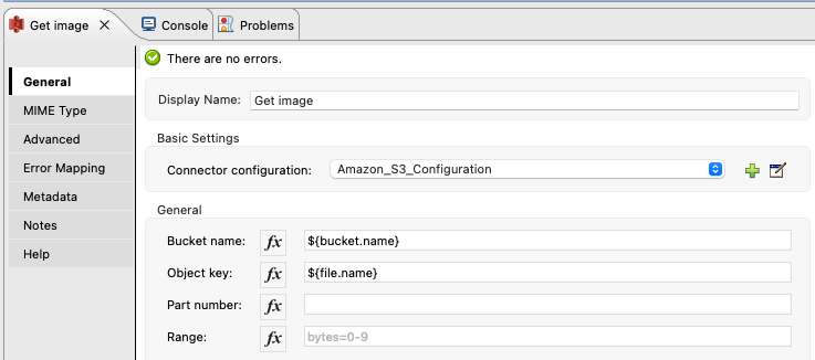 S3 Connector の [Get Image (画像を取得)] の [General (一般)] タブ