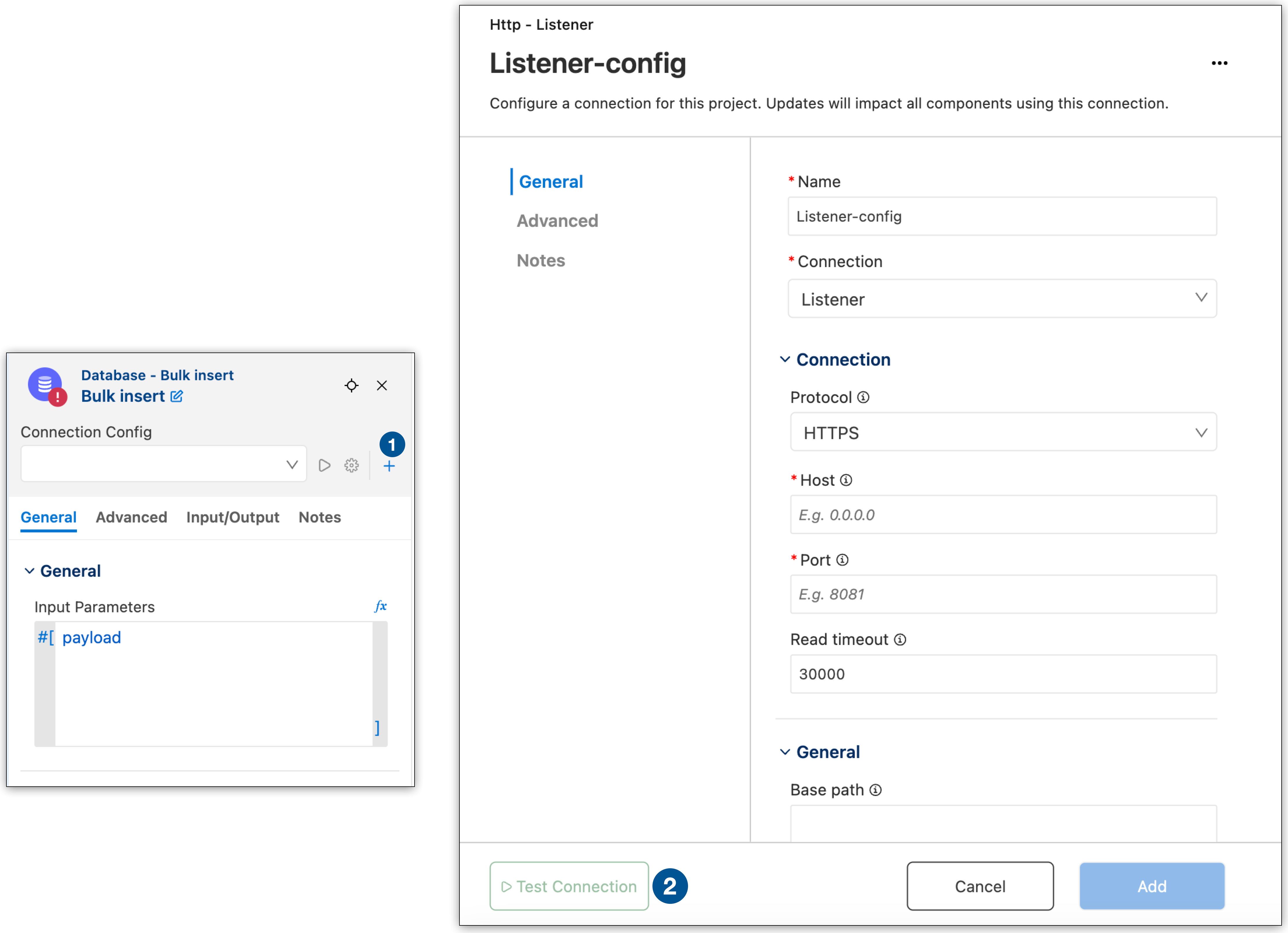 コネクタの設定パネル
