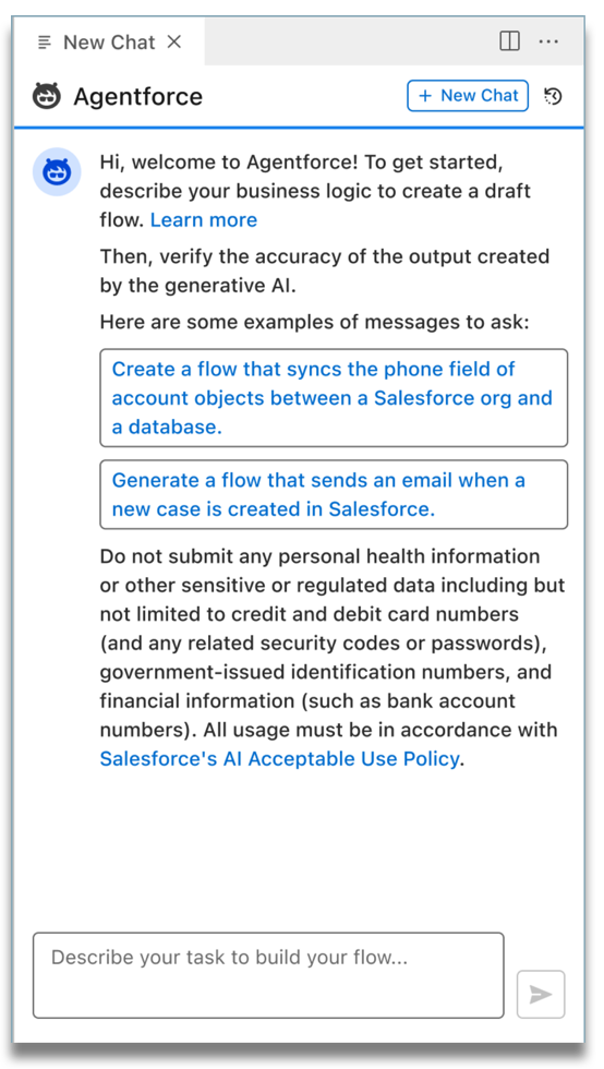 ようこそメッセージと例を含む Agentforce パネル