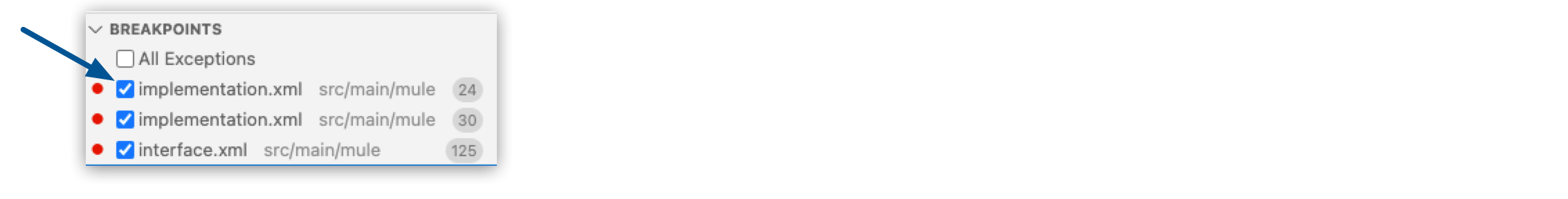 3 つの有効なブレークポイントが表示されているメニューパネル