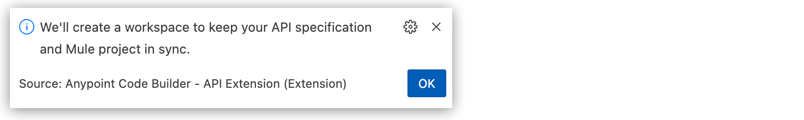 プロンプト: *[We’ll create a workspace to keep your API specification and Mule project in sync (API 仕様と Mule プロジェクトの同期を維持するためのワークスペースを作成します)]*