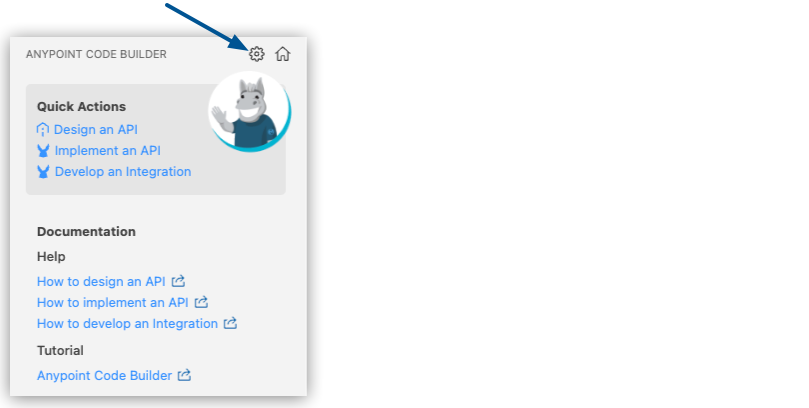 Anypoint Code Builder メニューパネルで強調表示されている [Settings (設定)] 歯車アイコン