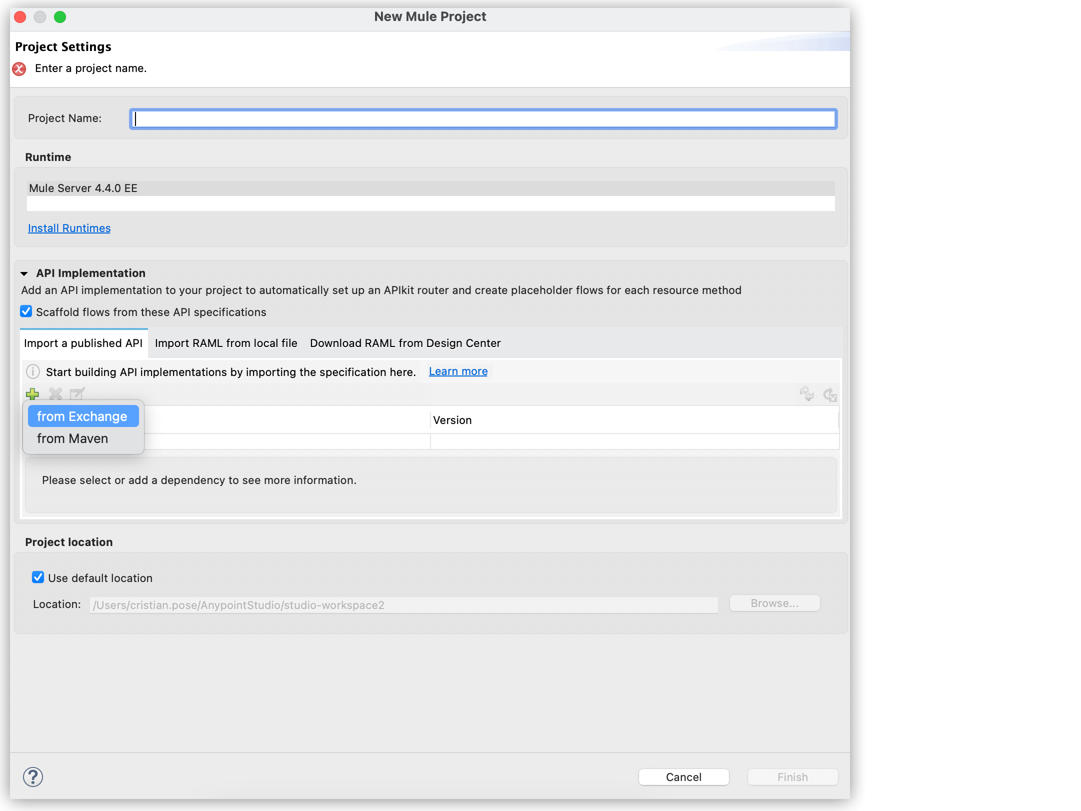 *[Import a published API (パブリッシュ済みの API をインポート)]* で、プラスをクリックして [From Exchange (Exchange から)] オプションを選択した状態が強調表示されています