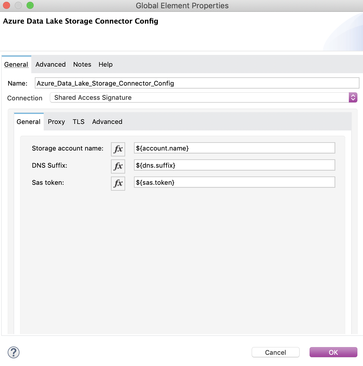 [Shared Access Signature (共有アクセス署名)] 接続値が設定された [Create File System] 設定
