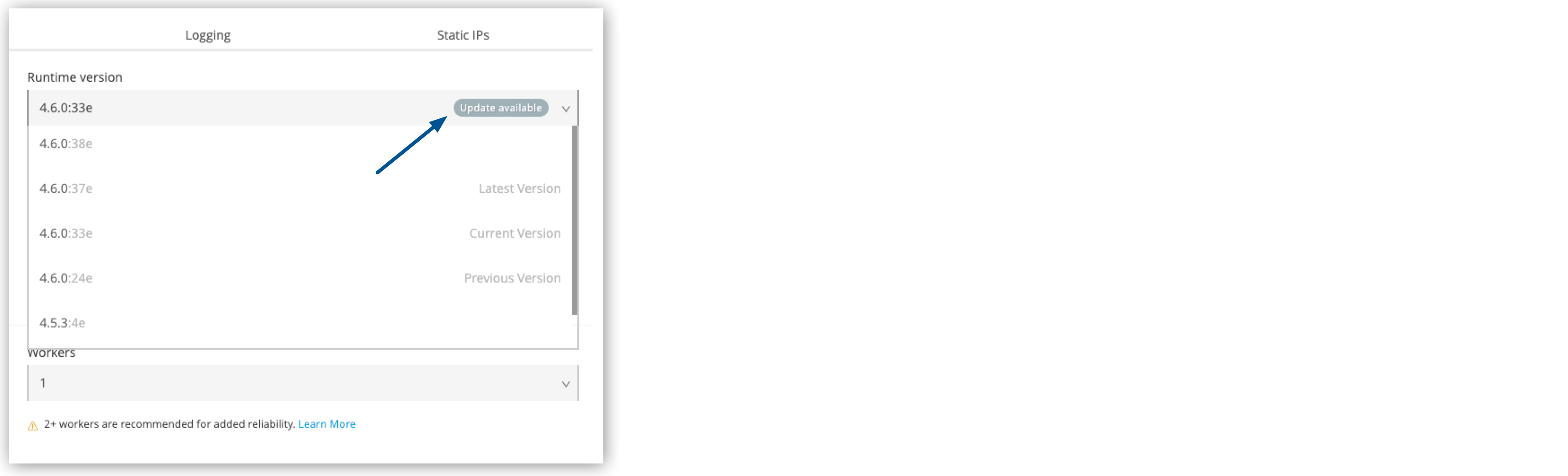 「Runtime version (ランタイムバージョン)」 メニューのランタイム更新バージョンと 「Update available (更新が使用可能)]。
