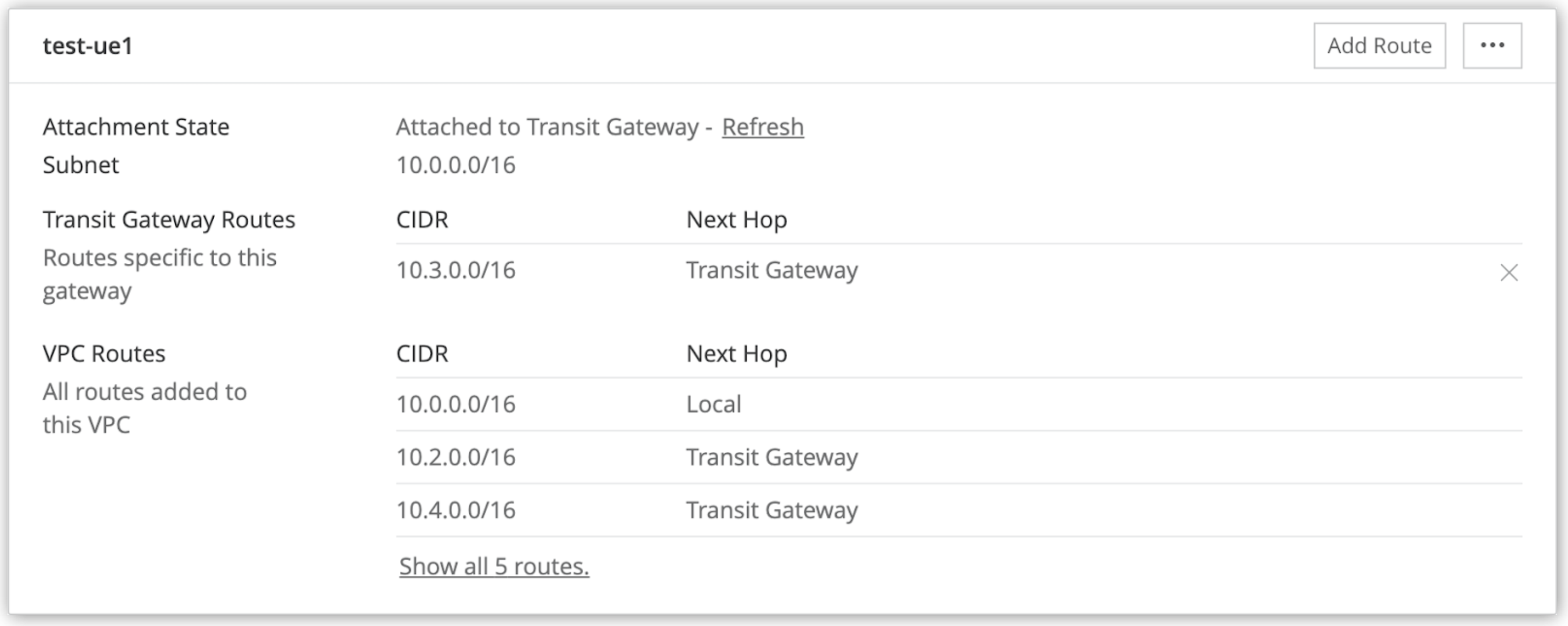 ルートテーブルの [Next Hop (次のホップ)] 列の [Transit Gateway (トランジットゲートウェイ)]