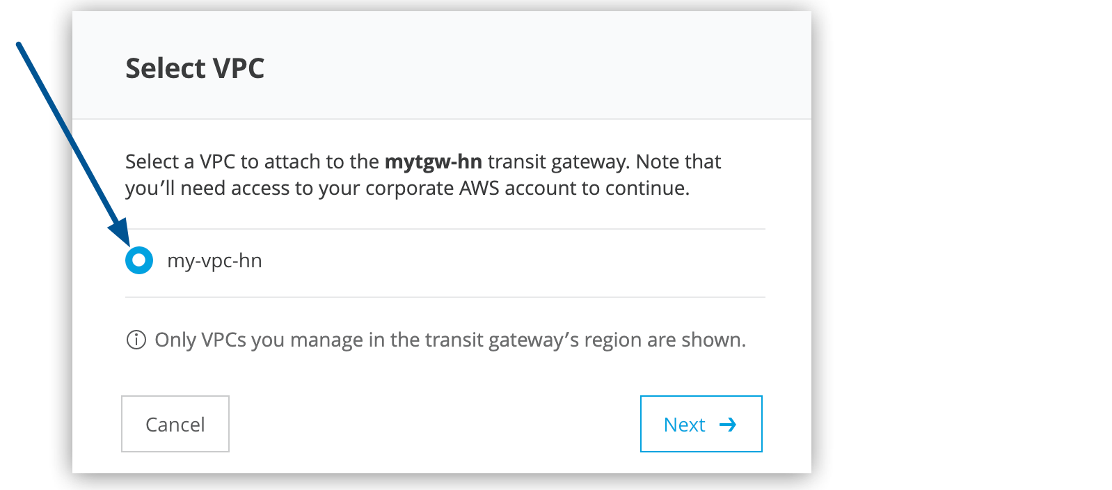 「Select VPC (VPC を選択)」 ウィンドウ