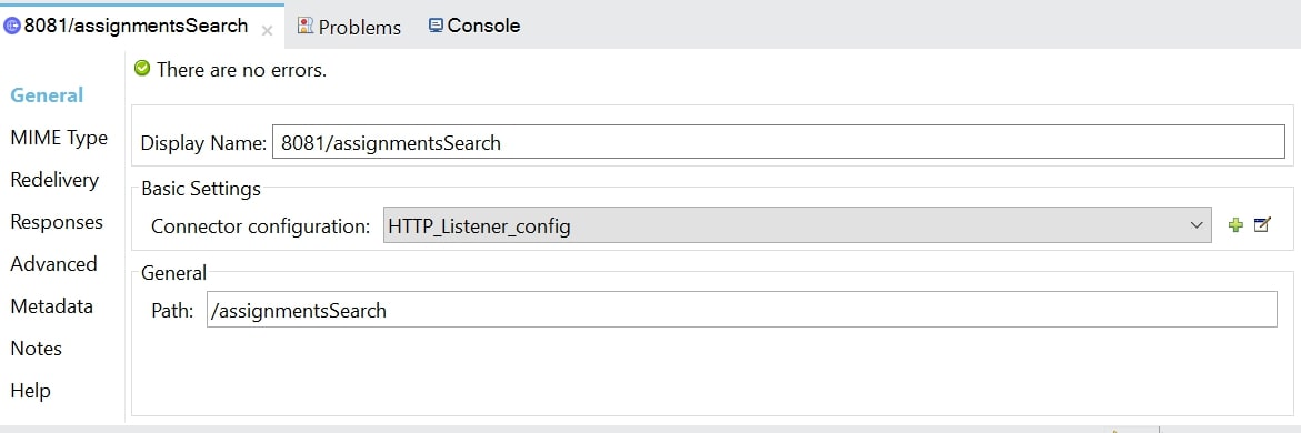 HTTP Listener の [General (一般)] 設定サンプル値