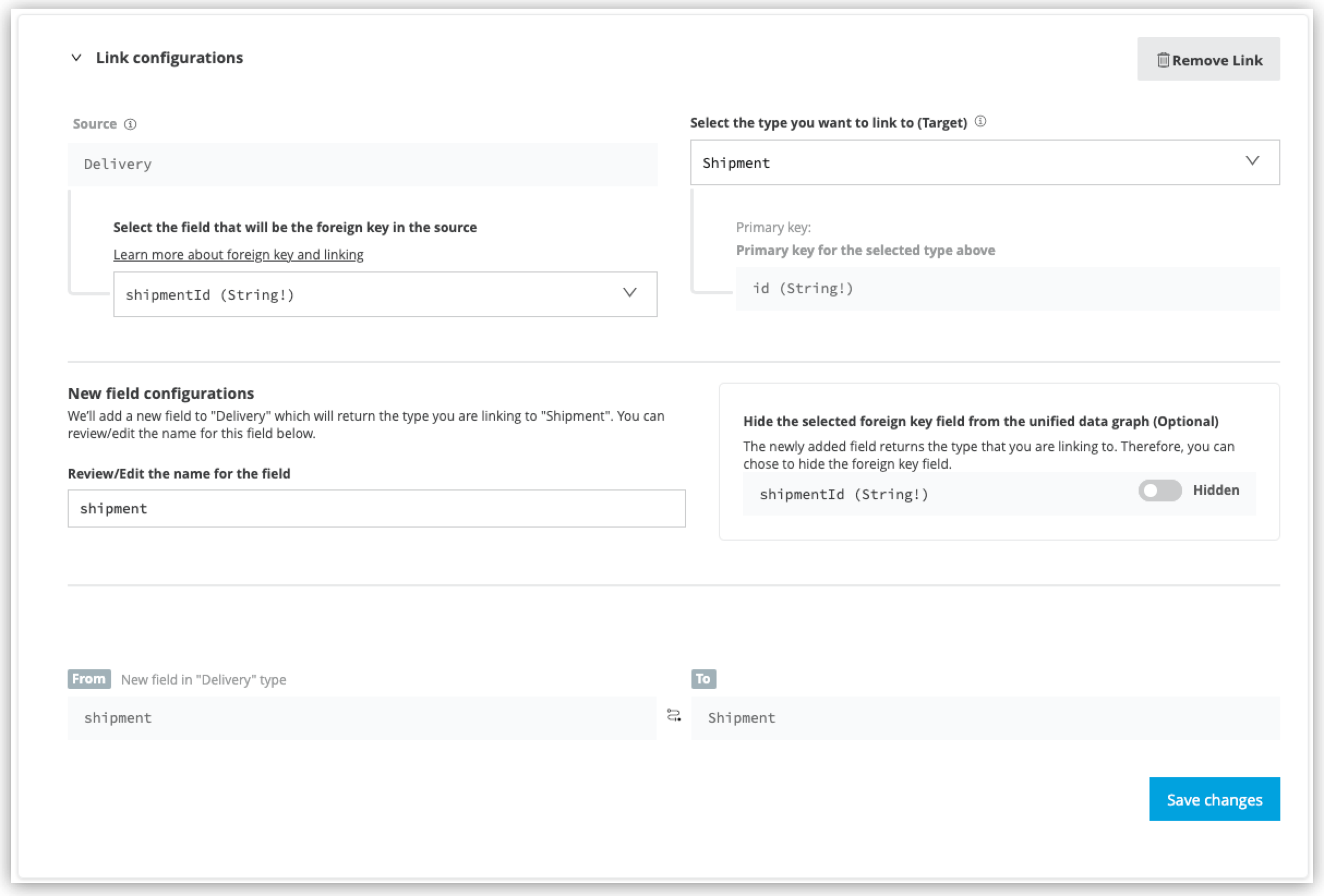 リンクされた対象種別の結果の詳細を示す [Link configurations (リンク設定)]