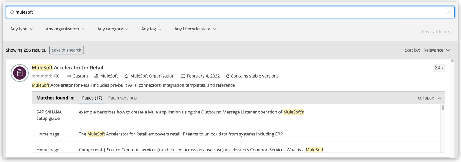 キーワード「MuleSoft」が強調表示された検索結果
